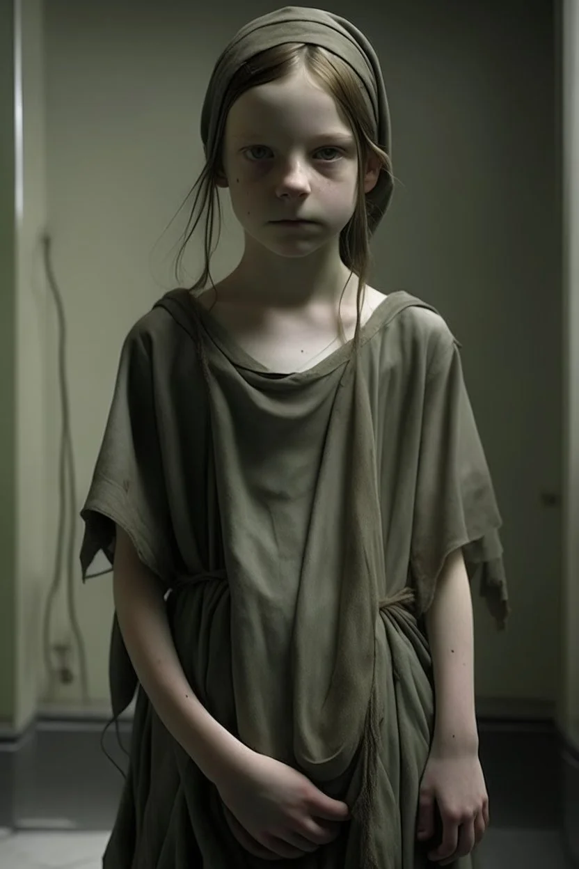 very thin 12 year old girl, dressed in rags, (A Cure for Wellness style, full figure
