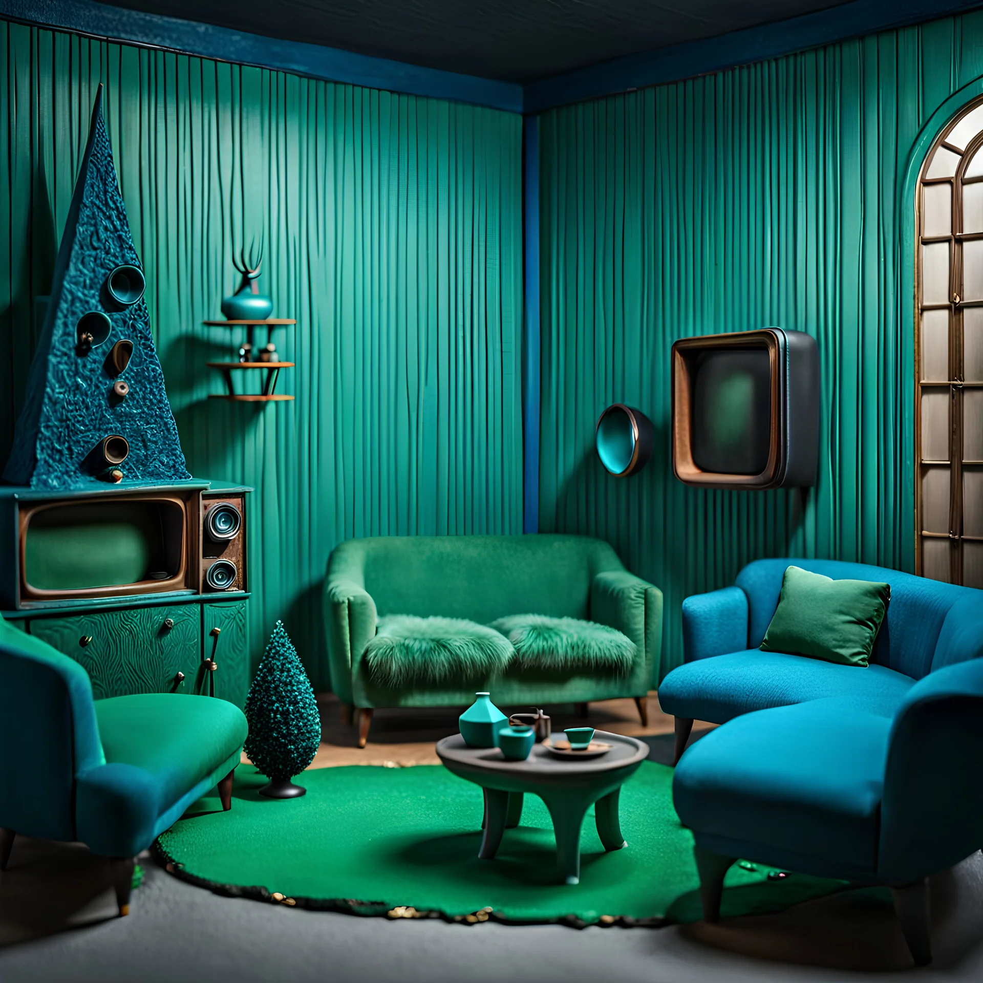 Detailed cozy living-room made of modeling clay, odd furnitures, naïve, strong texture, TV studio 1950's shot, extreme detail, Max Ernst, green and blue moody colors, sparkles, Yves Tanguy, odd