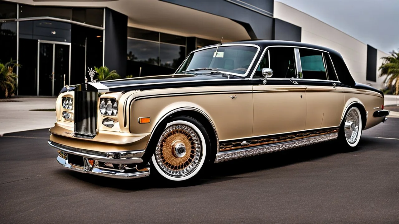 A sleekly designed (((Customized gangsters lowrider Rolls Royce Silver Shadow))), adorned with intricate modern modifications and luxurious details that evoke a timeless elegance blended with contemporary flair