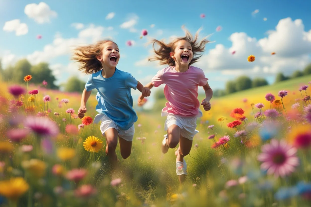 children run and laugh in the summer meadow, surrounding colors flowers, meadow, Happy and harmony vibe, blu sky and the little wind. high detailed, sharp focuses, photorealistic, cinematic