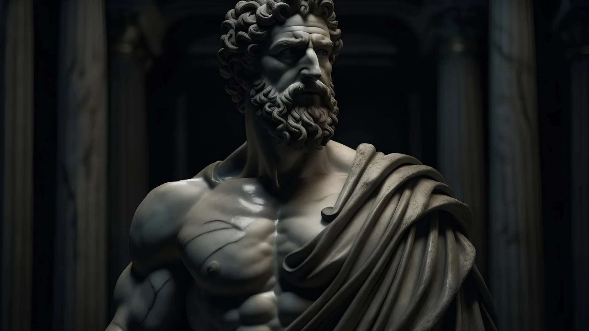 Marcus Aurelius, closeup of stoic greek statue with very muscular body from front, strong arms, Zeus style, stone carving, greek columns blurred behind, cinematic, 8k, dark background