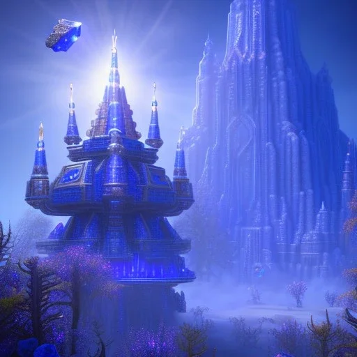 Aztecan blue glowy crystal temple ! soft background | god rays | intricate | elegant | transparent blue landscape | highly detailed | illustration | depth of field, luminosity, ultra sharp focus, ultra high definition