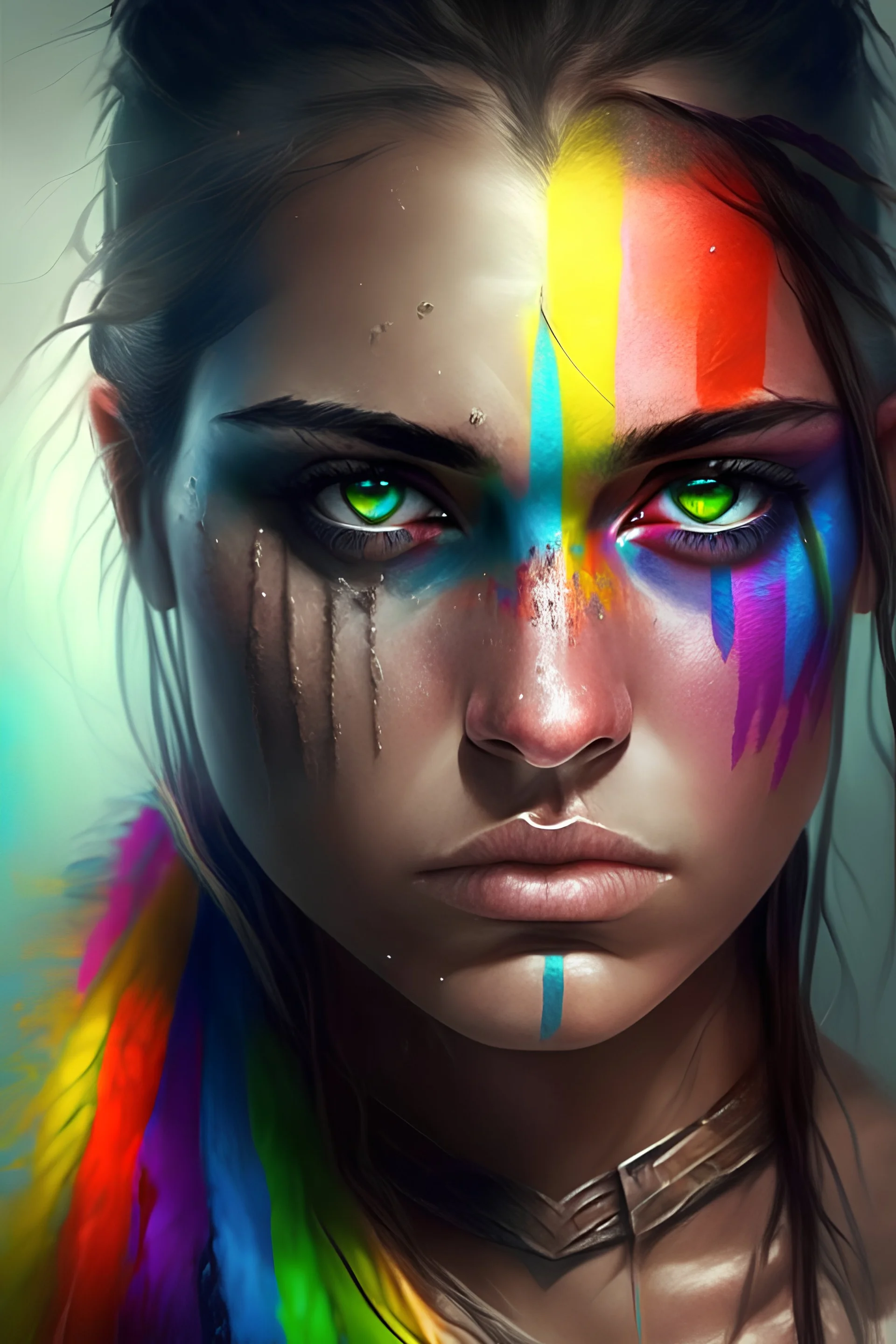 Beautiful girl with rainbow eyes, warrior, strong, sad, resilient, medium breasts.