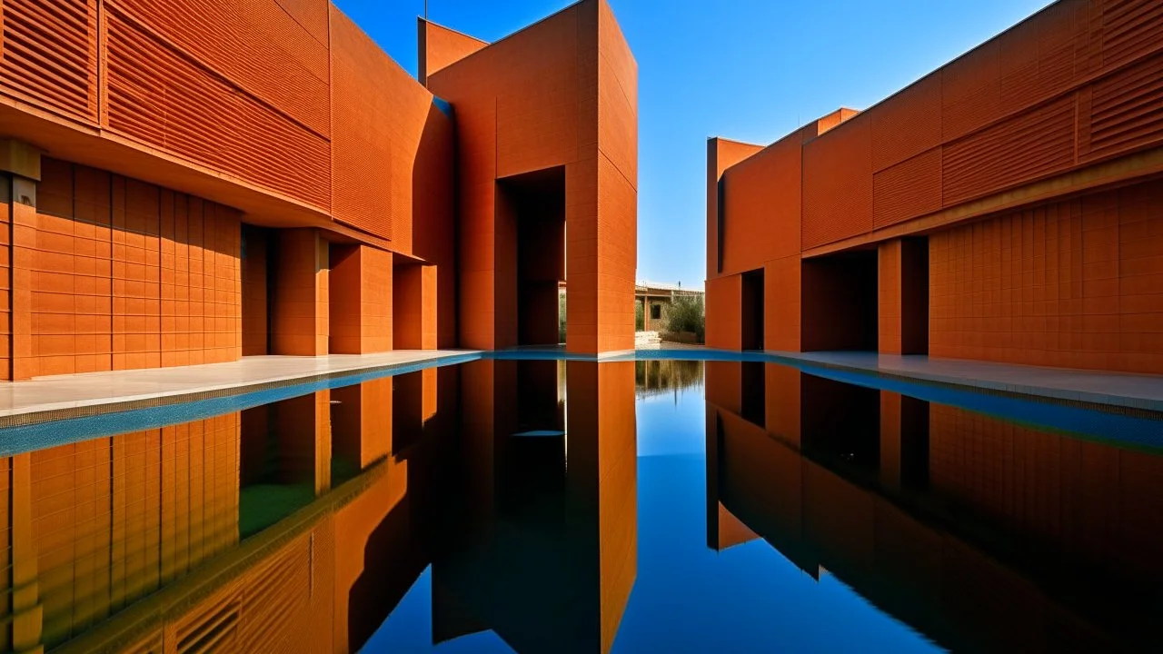 A striking example of modern architecture featuring a geometric structure with sharp, angular planes constructed in terracotta red concrete or stone. The building's dramatic forms are perfectly reflected in a still pool of water at its base, creating a mirror image that extends the composition. Narrow vertical skylights cut through the structure, adding strips of blue sky to the predominantly warm palette. The building is photographed during daylight hours against a pale blue sky, with bare tree