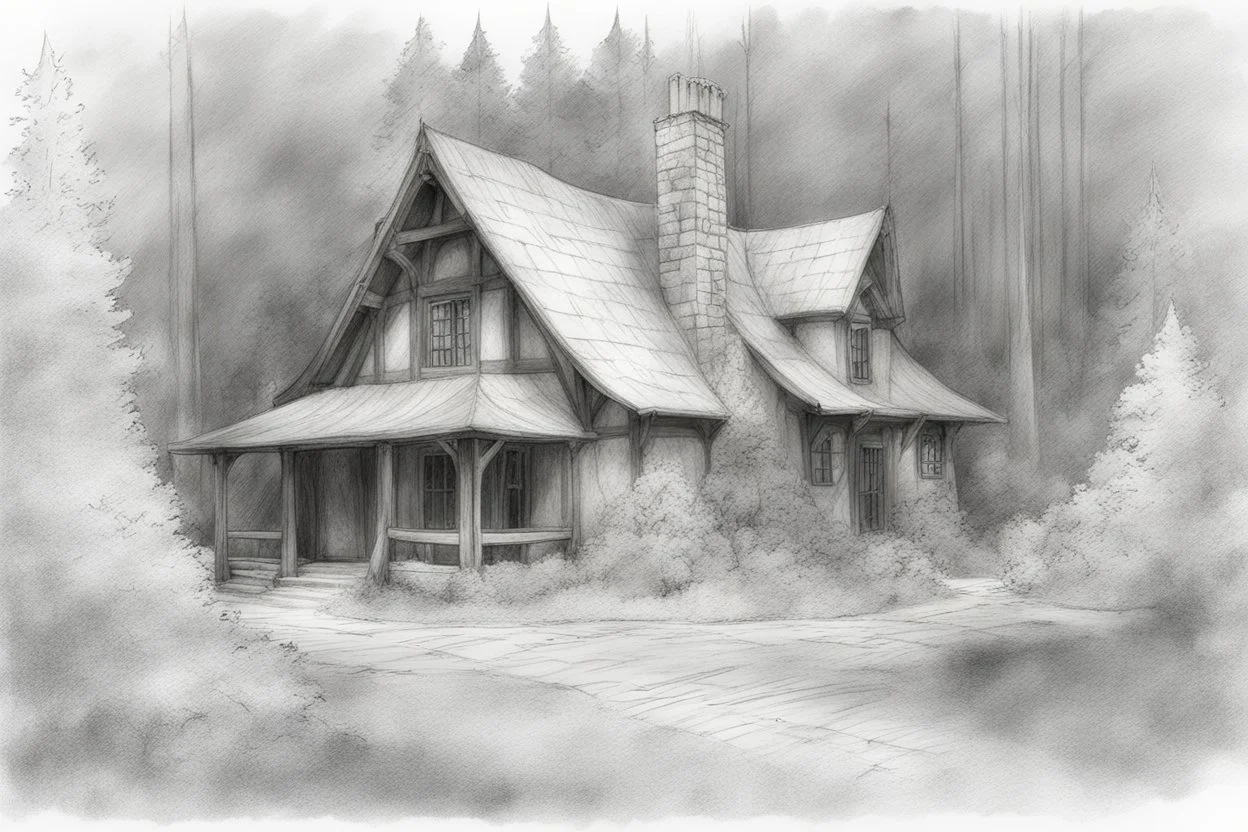 basic pencil sketch of Hagrids house isolated in a forest clearing
