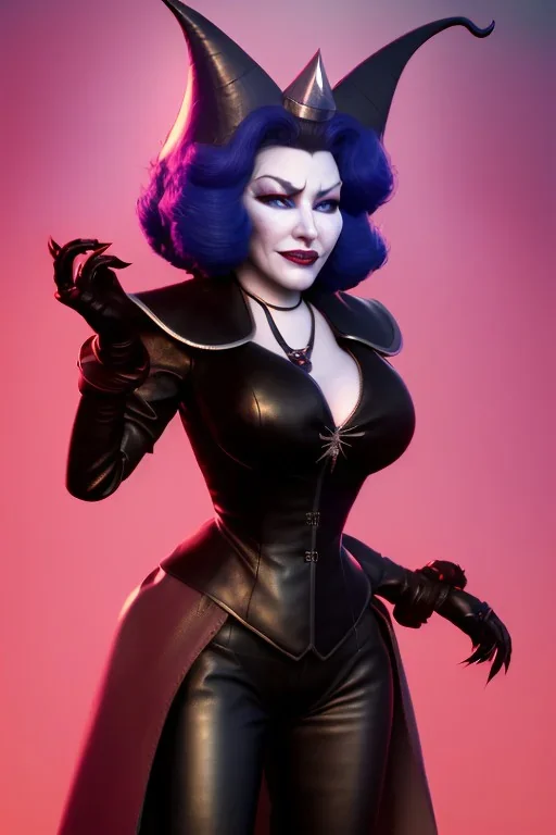 Mae West as evil queen in black leather, leather, busty, cleavage, angry, stern look. character design by cory loftis, fenghua zhong, ryohei hase, ismail inceoglu and ruan jia. unreal engine 5, artistic lighting, highly detailed, photorealistic, fantasy