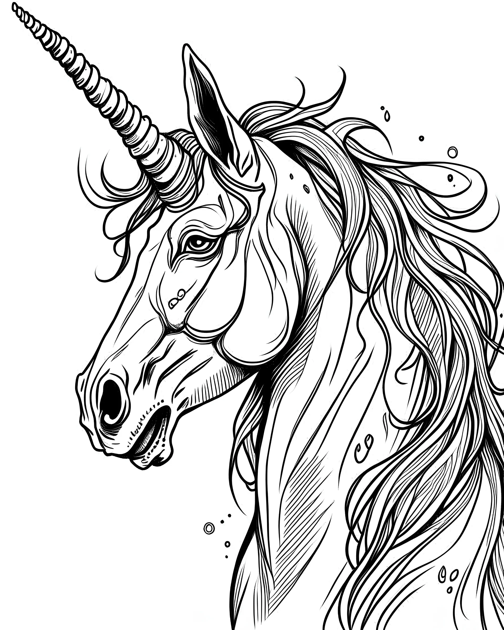 b/w mock up unicorn two ears page low detail correct character white background wide mane