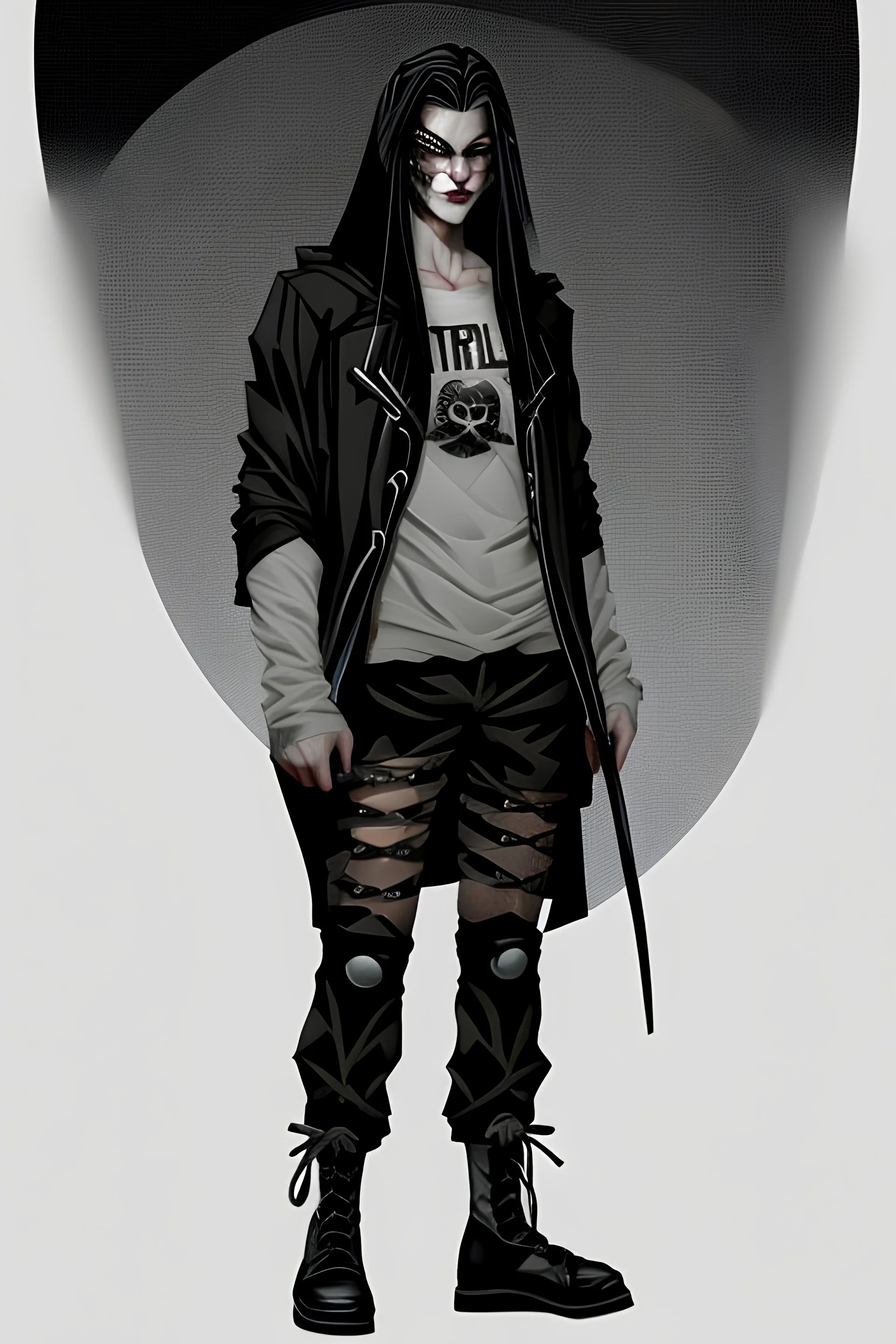 The Night Owl is a dark-looking man. He has long black hair pulled back in a ponytail, pale, almost white eyes, and a scar on his right cheek. He is wearing a dark hooded jacket, black pants and flat shoes. In his hand he holds a steel chain baton, which he can use with extraordinary dexterity. He's a man.