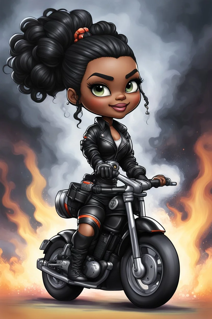 Create a digital airbrush illustration of a chibi cartoon full figure black female riding a sports motorcycle. She is wearing tie dye and black tights with biker boots. Prominent make up with log lashes and hazel eyes. Extremely highly detailed black shiny wavy hair up in a messy bun. Background of smoke surrounding her and the bike and she's at a bike show.