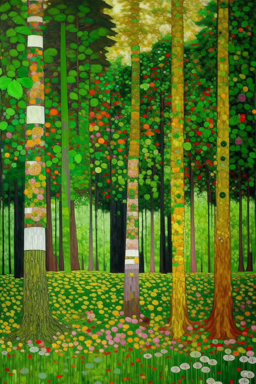 A green forest with giant trees painted by Gustav Klimt