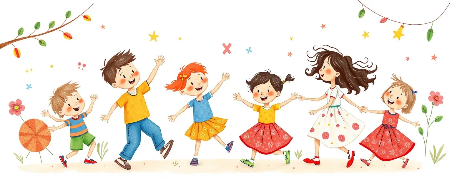 whimsical illustration of children playing and dancing. children's book style, on a white background