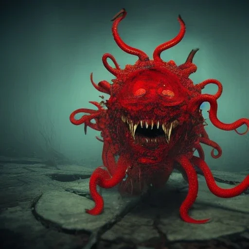 red, tentacles, a lot of eyes, teeth, monster, horror, blood, huge, scary, hyperrealism, gore, masterpiece, expert, volumetric lighting, deformed, sharp focus, 8K