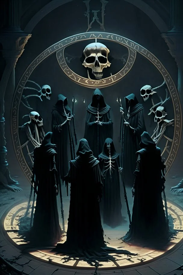 skeletons dressed in long black robes standing in a circle