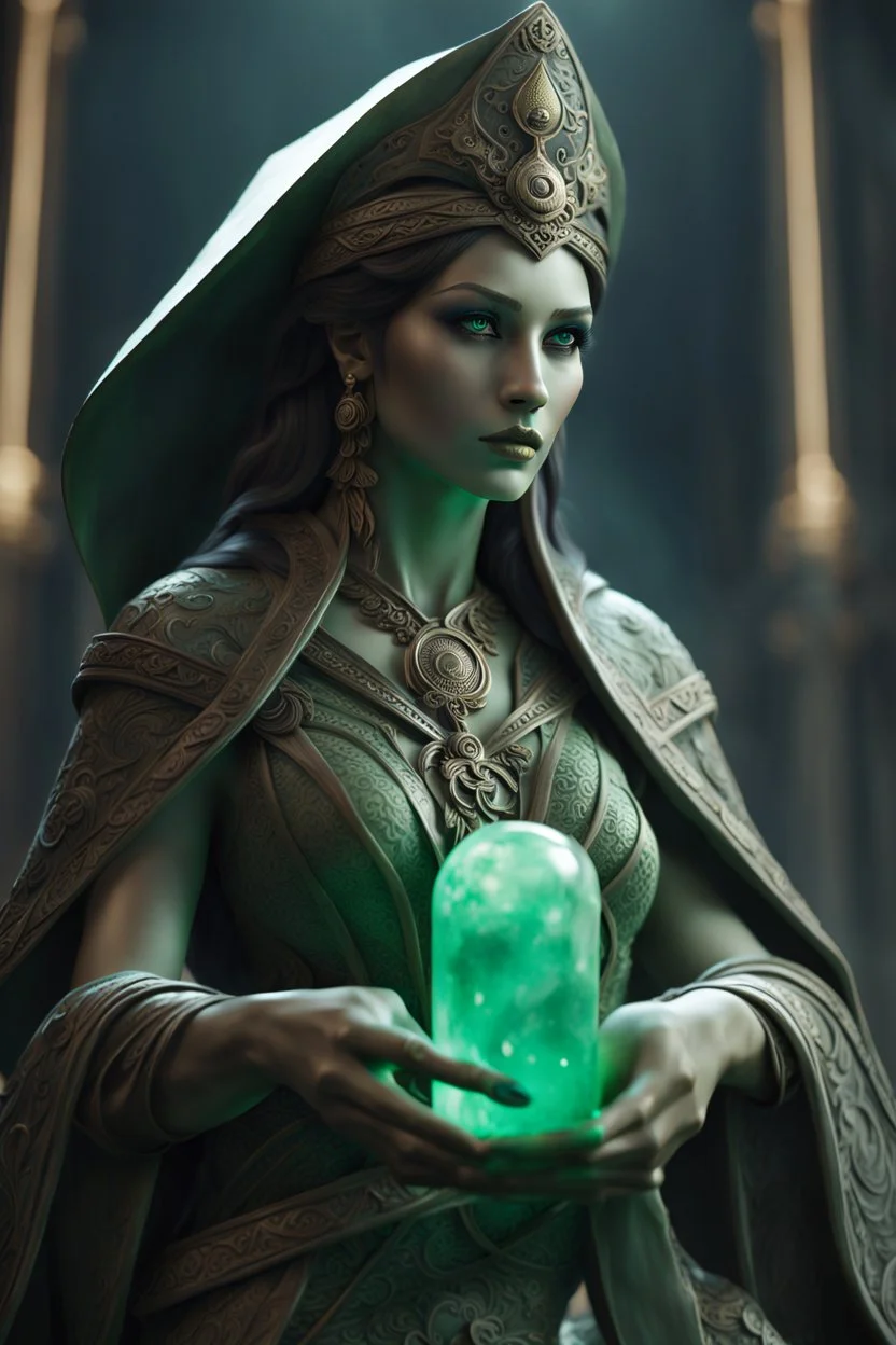 highly detailed marble and jade sculpture of a female necromancer, transparent nail polish, beautiful hands, stunning face, volumetric fog, Hyperrealism, breathtaking, ultra realistic, unreal engine, ultra detailed, cyber background, Hyperrealism, cinematic lighting, highly detailed, breathtaking, stunning environment