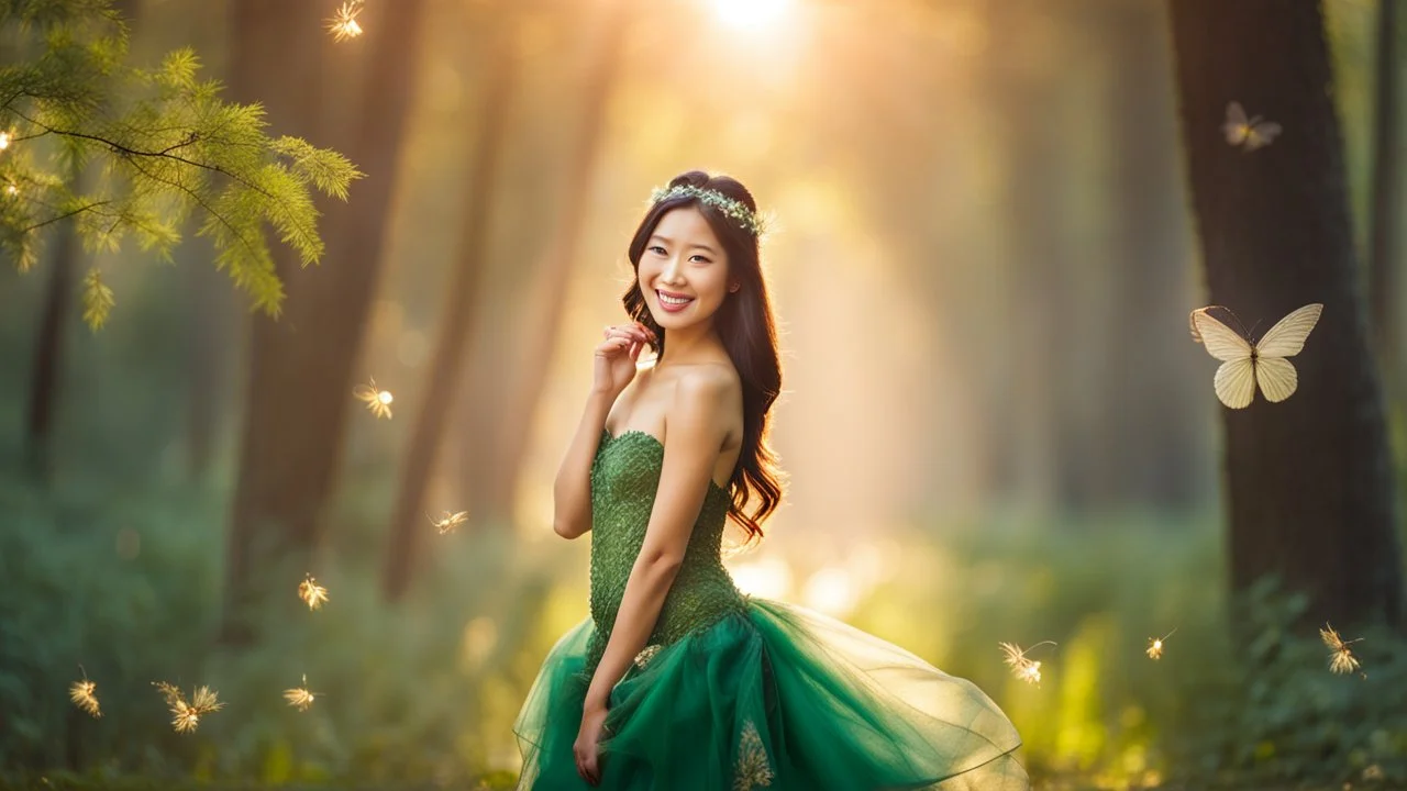 A gorgeous smiling Asian model in a fairy outfit in a wood with 1000 y/o trees, a small torrent and fireflies in the air at dawn