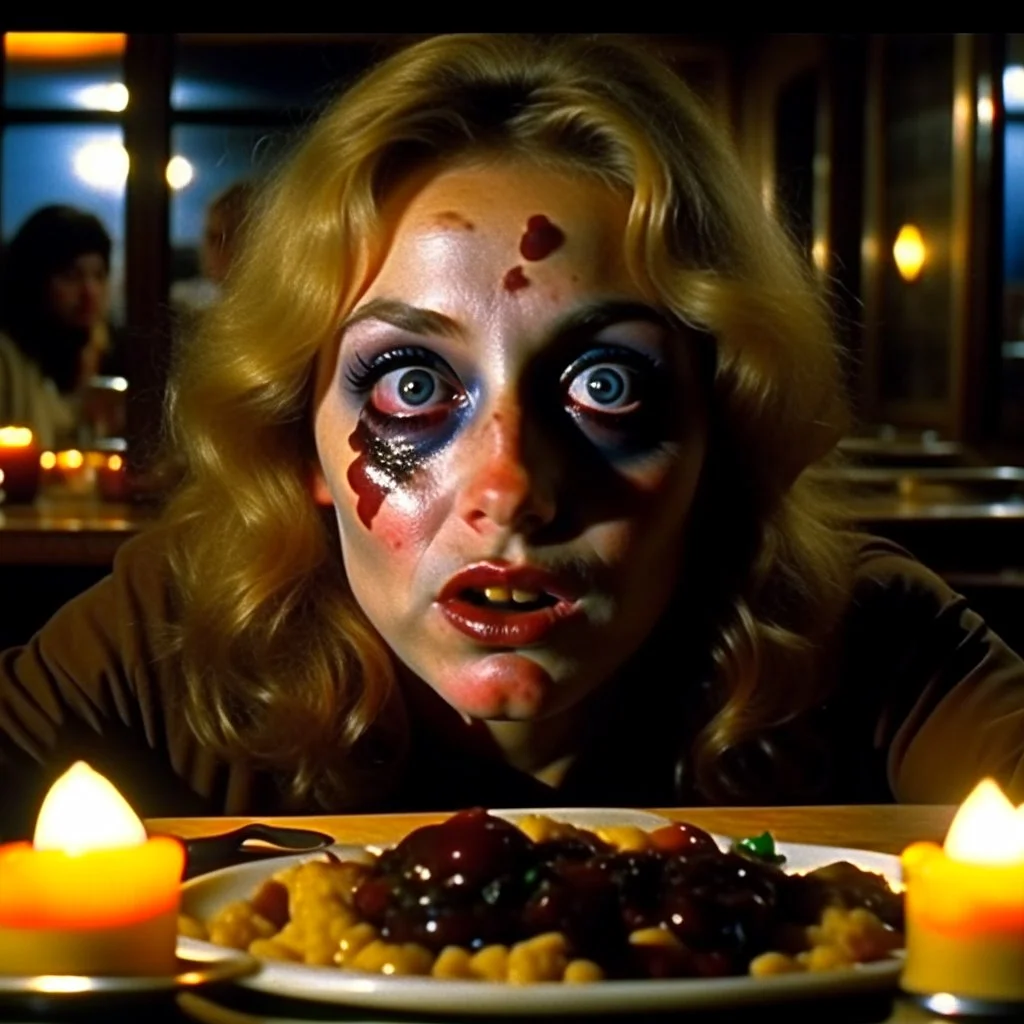 Spooky, ultra realistic distress, dining, ultra realistic hot woman, nose, giant eye on a table, organic hot bondes, dynamic, anguish, excited and lively scene, hypermaximalist figures, Creepy the Ring Alfred Hitchcock, Sam Raimi, insanely detailed, sinister, John Carpenter, Dario Argento, ornate