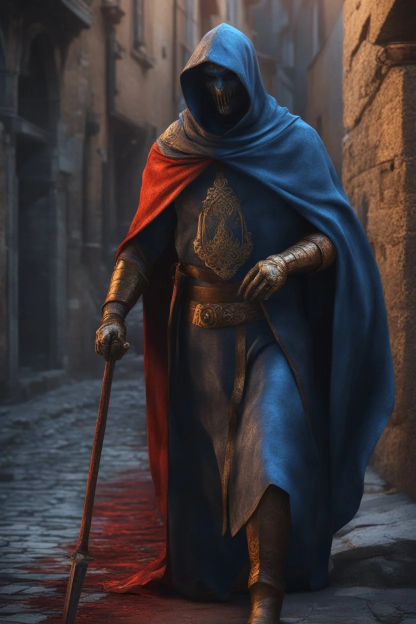 The ancient banshee Shadow of Death stalking the streets of a medieval city. Horror setting. fantasy art, blue, red, gold, silver, copper, marble, Cinematic lighting, Volumetric lighting, Epic composition, Photorealism, Very high detail, Character design, Unreal Engine, Octane render, HDR, Subsurface scattering