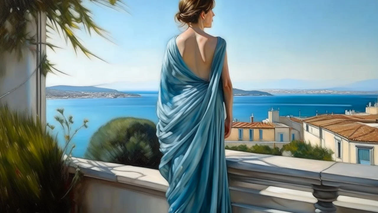 Neoclassicism mother whole body zoom out realistic cote d'azur painting from the back