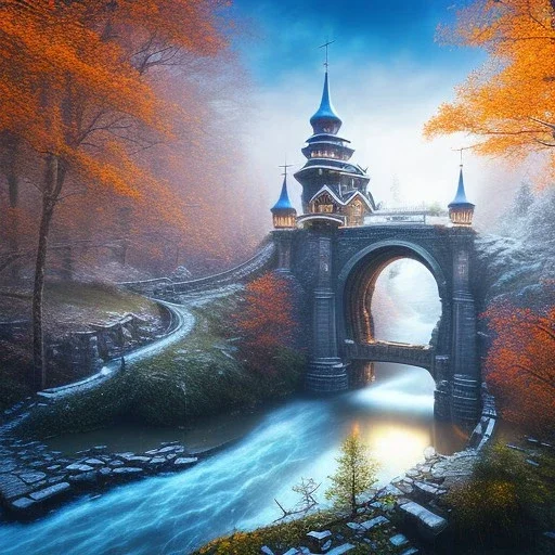 close up on white horse on the bridge, spray painted fantasy art, book cover ,the stairs of a high bridge or dam in magical forest,autumn icy water, circular stone in water