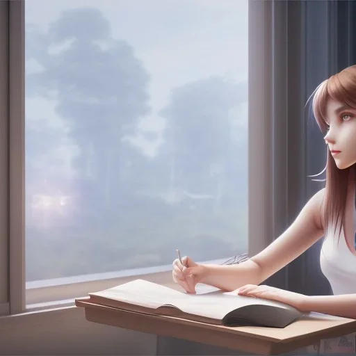 Anime, female student studying under window, studying lesson, perfect face, cool face, ultra detail, unreal engine 5, cinema4d, sun light, studio lighting --ar 1:1 --v 4