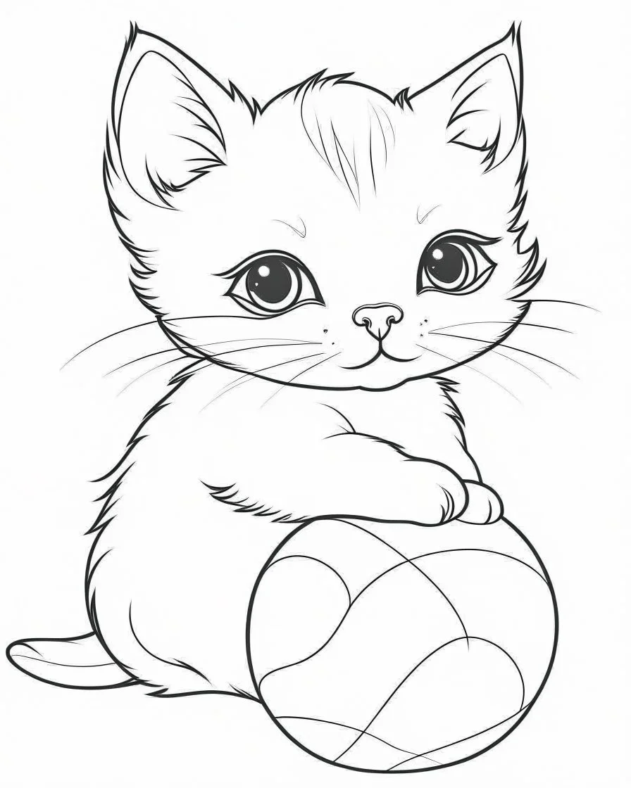 Coloring page: Adorable baby kitten playing with a ball of yarn