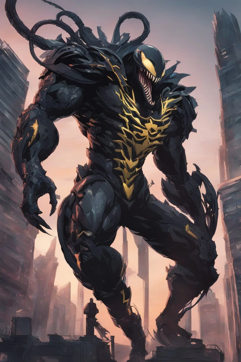 giant Venom mix with machine in solo leveling shadow artstyle, cyberpunk them, intricate details, highly detailed, high details, detailed portrait, masterpiece,ultra detailed,best quality
