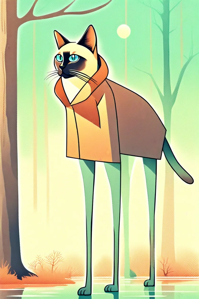 Surrealist minimalist illustration of [siamese cat] with extremely long slender legs, standing in [forest], wearing [a raincoat], under [tree]. Calm composition, full body view, centered, soft pastel gradients in the background, textured painterly style, smooth shading, clean lines. –no multiple characters, no clutter, no photorealism, no busy background