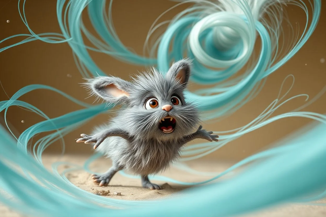 cute dust bunny fizzgig character being swept into a magical wind vortex, fluffy gray detailed fur texture, dirty, oversized expressive eyes, open mouth panic afraid expression, dynamic diagonal motion pose, limbs reaching forward, body tilted in perspective, sense of speed and motion, flowing translucent teal and aqua wind ribbons, spiraling air currents forming a curved arc, soft tornado funnel in the top corner, painterly semi-transparent wind, 3d puppet