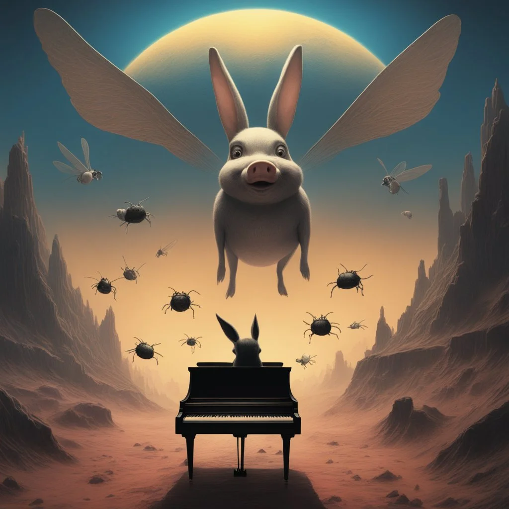 monochromatic black and white bugs bunny composer piano, diffrent planet, one swine pig piggy flying wasp angel, beksinski style daker theme