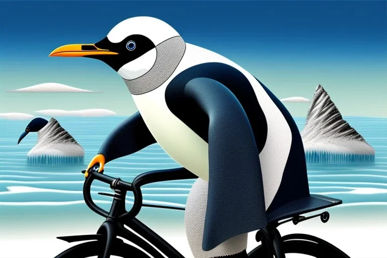 One single mature penguin, friendly, riding on a bike, perfect iris, perfect eyes, model style, hyper realistic, extremely accurate, delicate, extremely detailed, Graphic novel style, colours, wide-angle, open aperture, superfine pencil