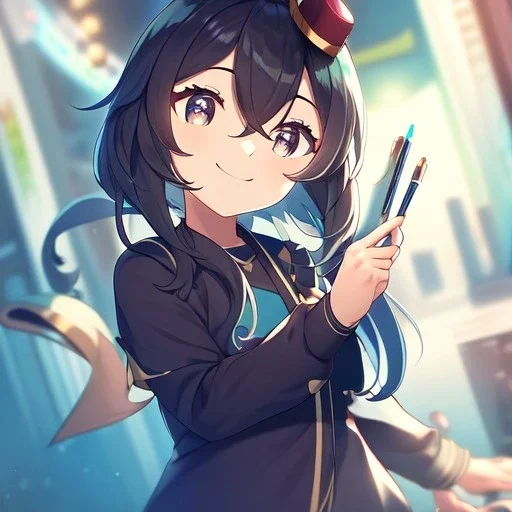 Clear focus, High resolution, a anime kid, cute, cartoony style, smiling, hair between eyes, holding a pencil, small forhead, female, medium length hair, long locks, lots of bangs