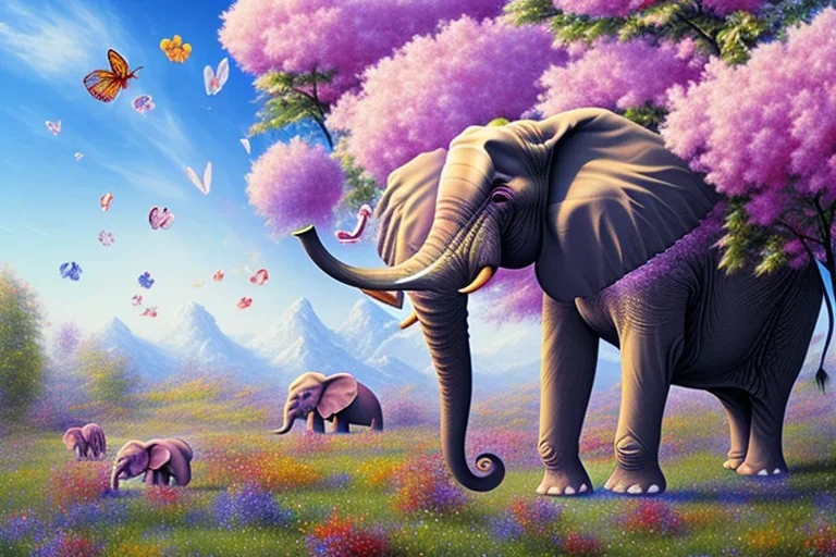 large flowers and happy elephant and blue sky