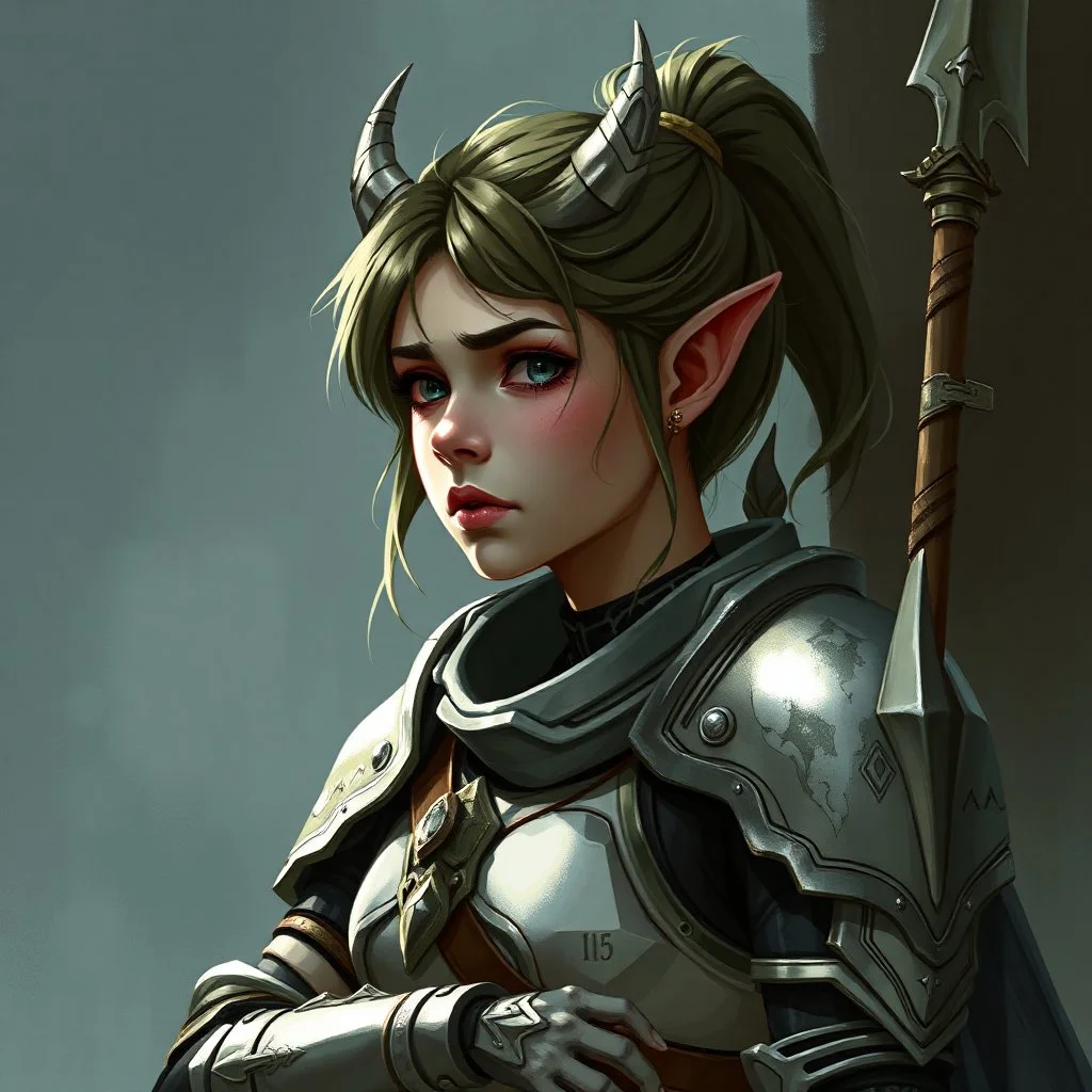 A digital illustration of a young orc woman lost in thought and wearing light armour