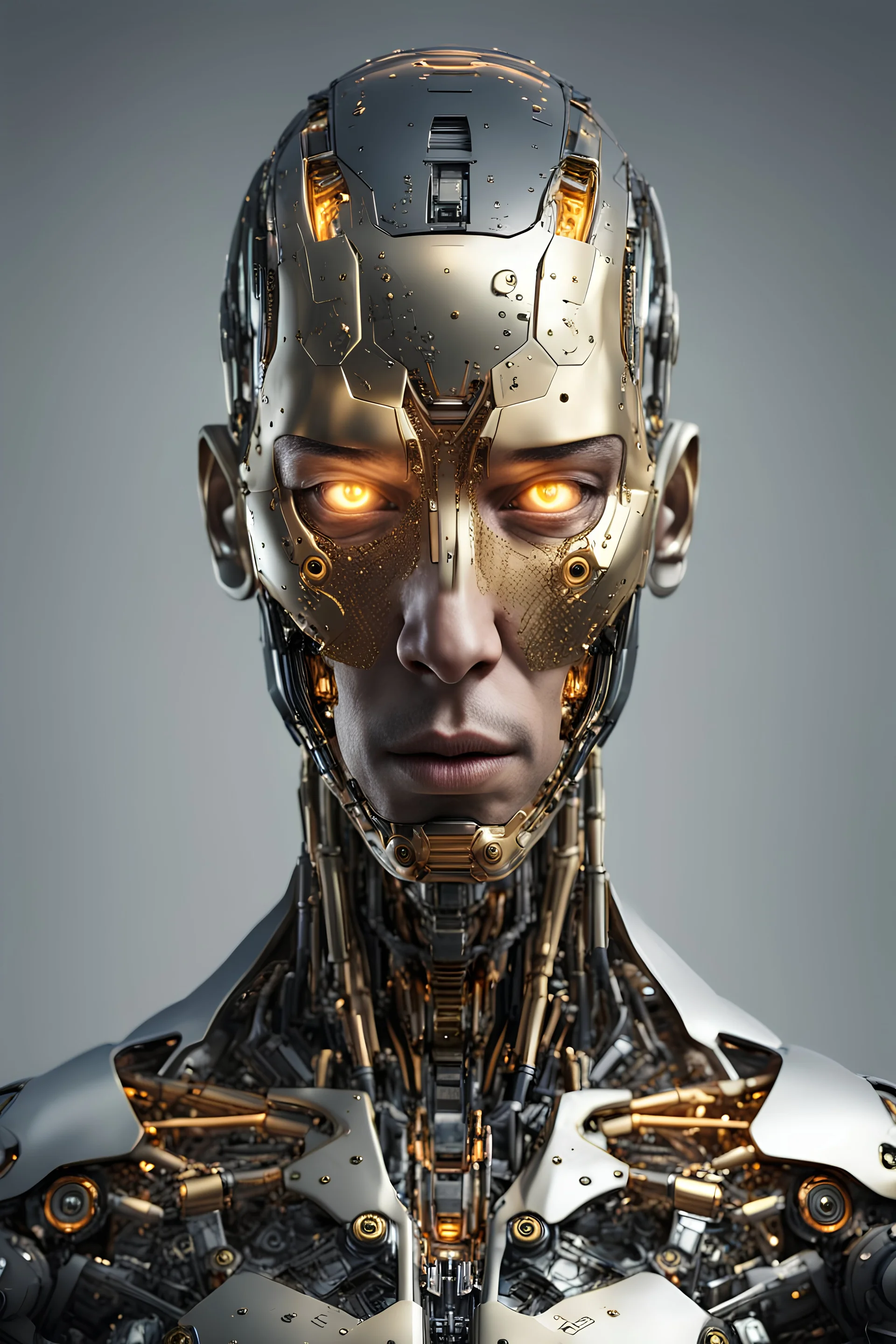 photorealistic, anatomically, physically correct full-length male body of an future AI cyborg. The face representing must be angry and the horror and beauty of future technology. The AI's cyborg golden glowing eyes somehow represent eyes like one of a human . The body features futuristic, intricate futuristic designs all across the robots body. Front view.