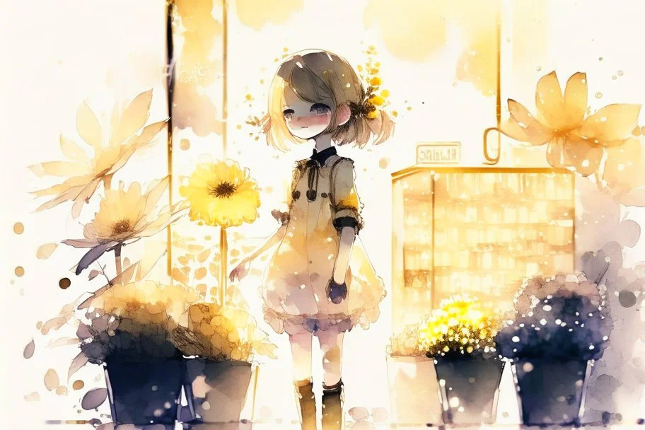 double exposure, flower shop, cute chibi salesgirl in flower uniform in sunshine, watercolor and black ink outlines, sparkling golden glitter, ethereal, cinematic postprocessing, bokeh, dof