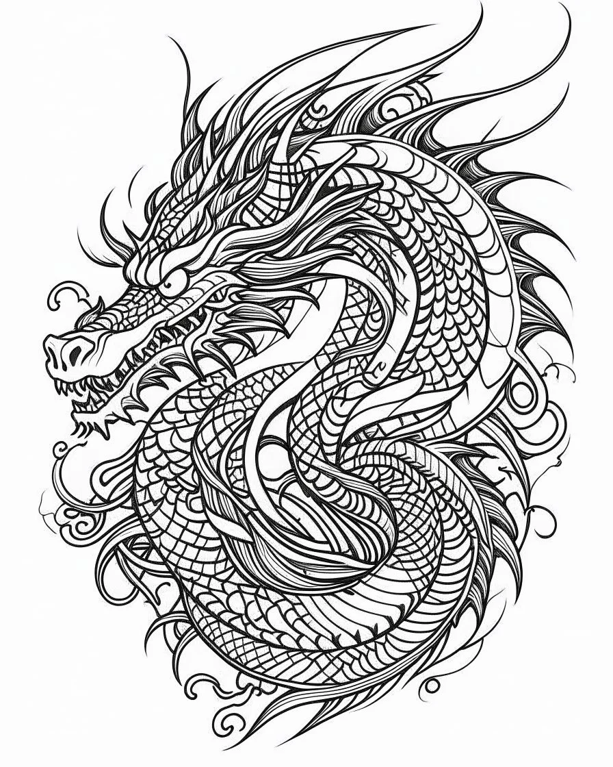 dragon tattoo idea, line art, background, vector, svg, coloring book page style, black outline on white background, leave plenty of white space beetween lines for coloring, minimalist, tattoo style, tattoo idea