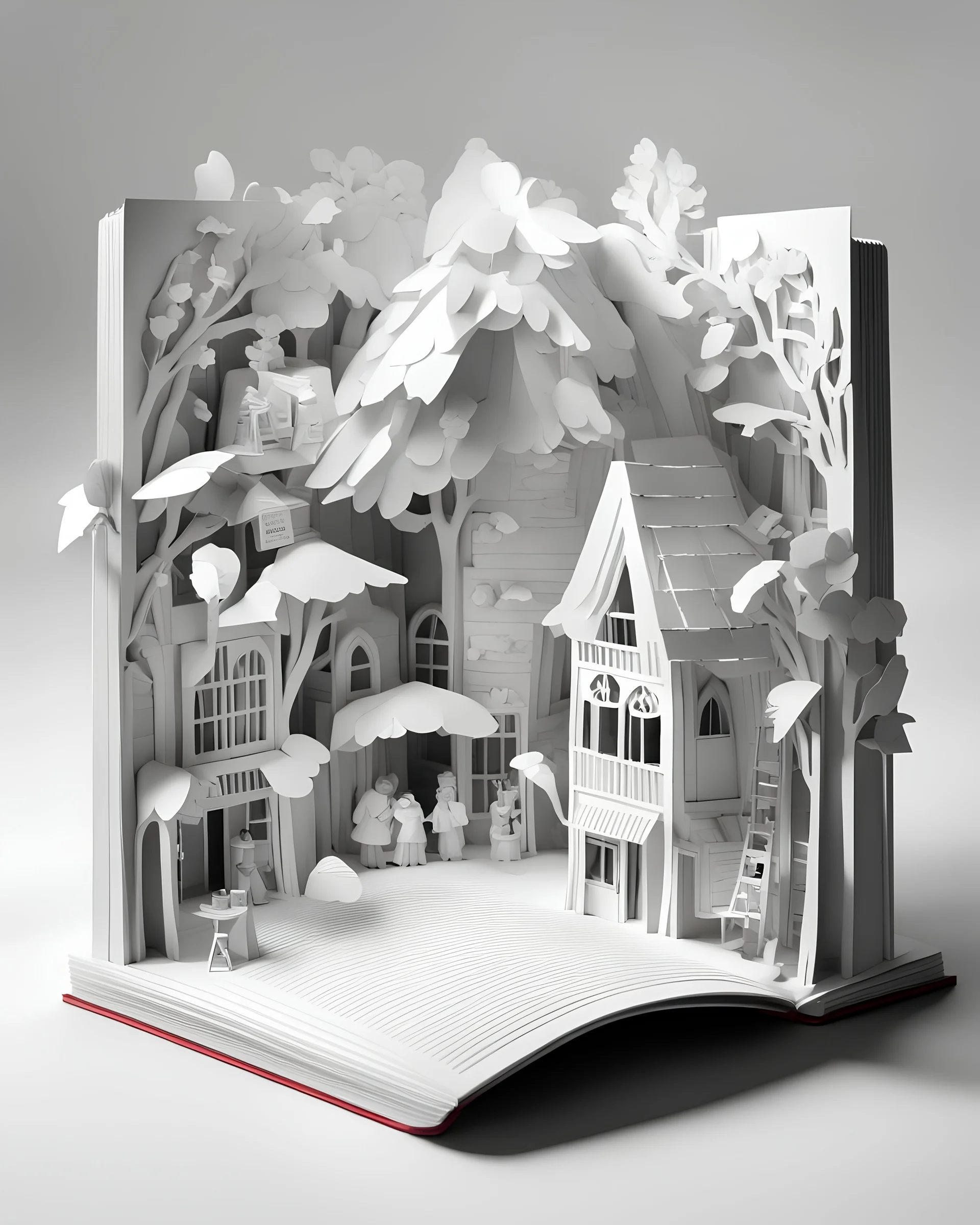 a book market; Papercraft, fairytale, children popup book, soft shadows, ambient occlusion, studio lighting, high quality studio advertising photography, 8k, white paper, white background, monochromatic