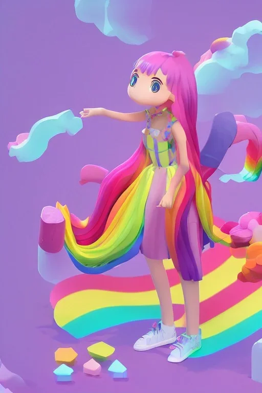 isometric clean art of super cute girl, soft lighting, soft pastel gradients, high definition, 3d icon clay render, blender 3d, beautiful, long hair, rainbow hair, rainbow dress, close up