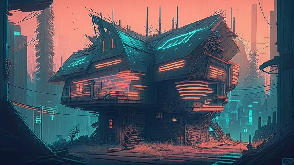 Wooden Cabin In futuristic cyberpunk city, comic style