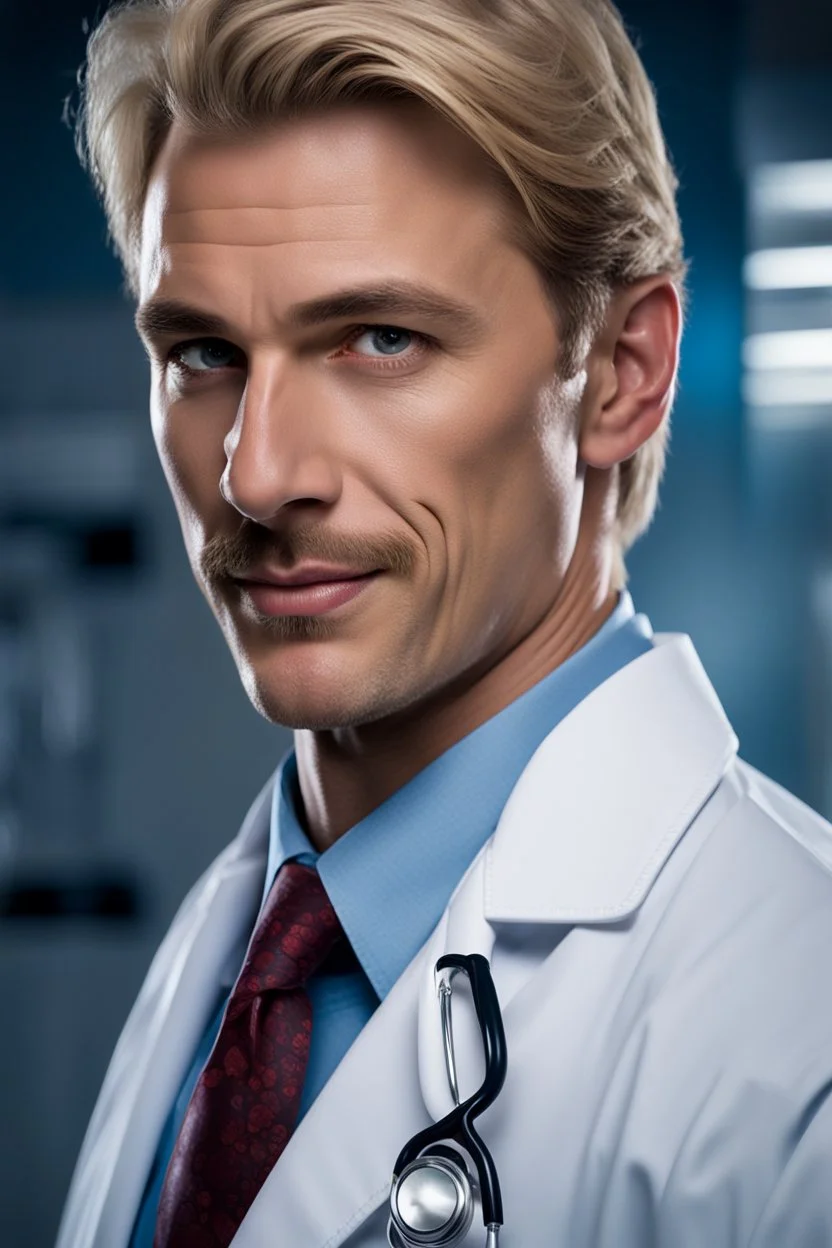 Mid-thirties, Caucasian male doctor, kind smile, blonde hair (slightly disheveled) blonde thick mustache, pale blue eyes, broad shoulders, muscular, six foot, Hawaiian shirt under white lab coat, bloodstains at the edges of the lab coat. Strong Jaw line, surrounded by shadows, photo realistic