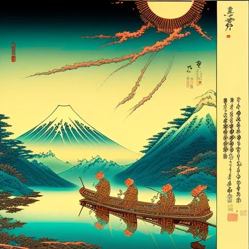 Ukiyo-e styled art, stream, mountain, sun, family on a boat