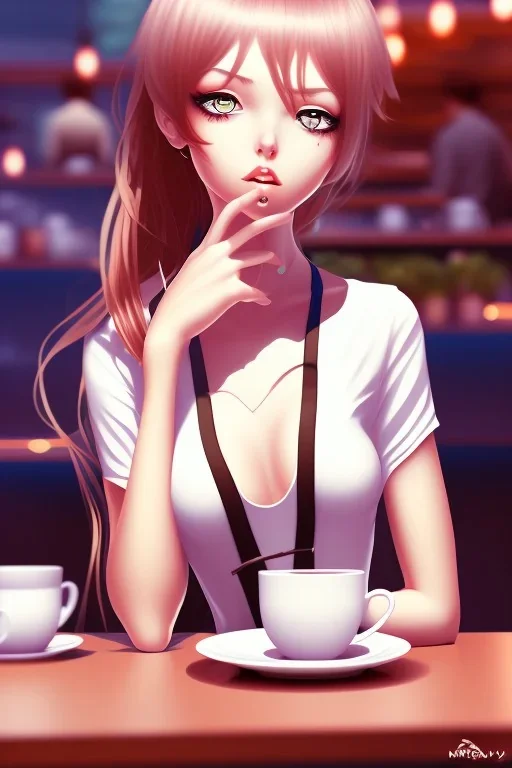 girl sitting in a cafe, anime