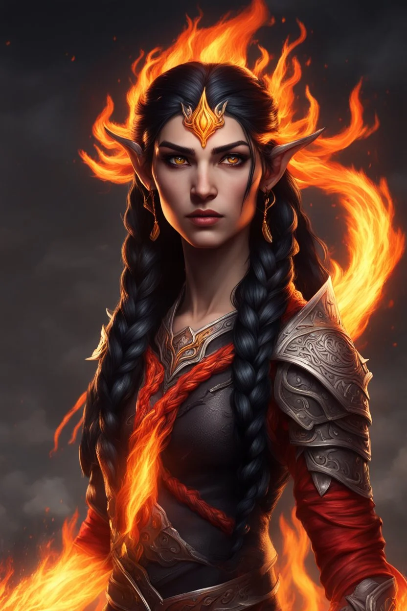 Visualize a fierce eladrin druid with blazing jet-black hair, each strand seemingly on fire, conjuring flames with her hands. Her eyes, a bright red that shines with a fiery intensity, add to the dramatic display of elemental power. The flames dance within the intricate half-braided, cascading hair, creating an entrancing spectacle. Clad in minimalistic armor, she channels magic and fire, a notable scar on her face revealing battles fought.