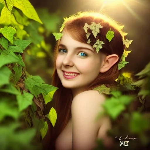 sourceress girl, beautiful, cute, intricate ivy, mushrooms in the hairs, misterious smile, like an elf, spotlight, sun rays, high definition, cinematic, rendering