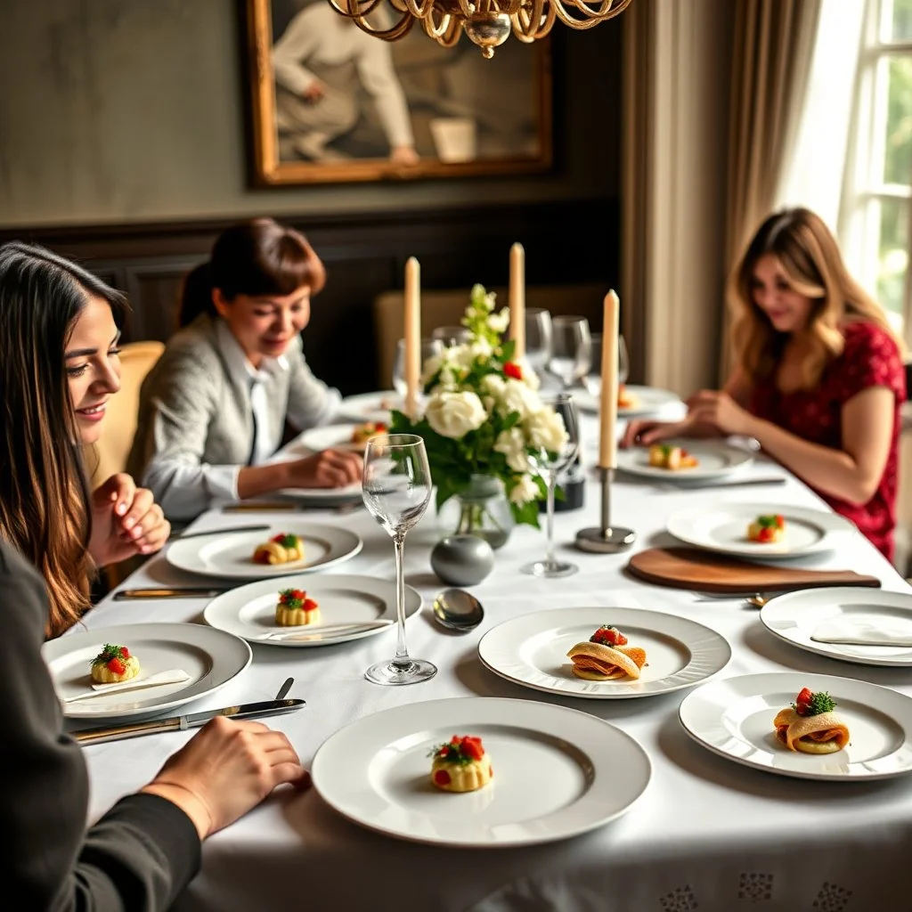 dinner table with large family seated with white plates in front of them with tiny micro portions of amuse-bouches, haute cuisine, photorealism, HD,