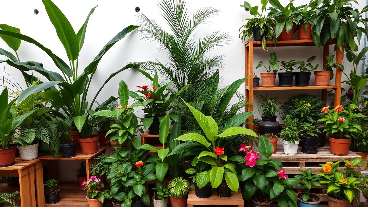 A photo of an indoor jungle with a variety of tropical plants. There are large plants with big leaves, like palms and ferns. There are also smaller plants with colorful flowers. The plants are placed in pots of different sizes and shapes. The pots are arranged on wooden shelves, crates, and the ground. The background is a white wall with a few holes.