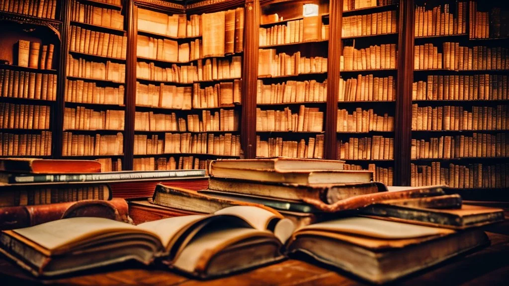 many ancient books and scrolls in an old library