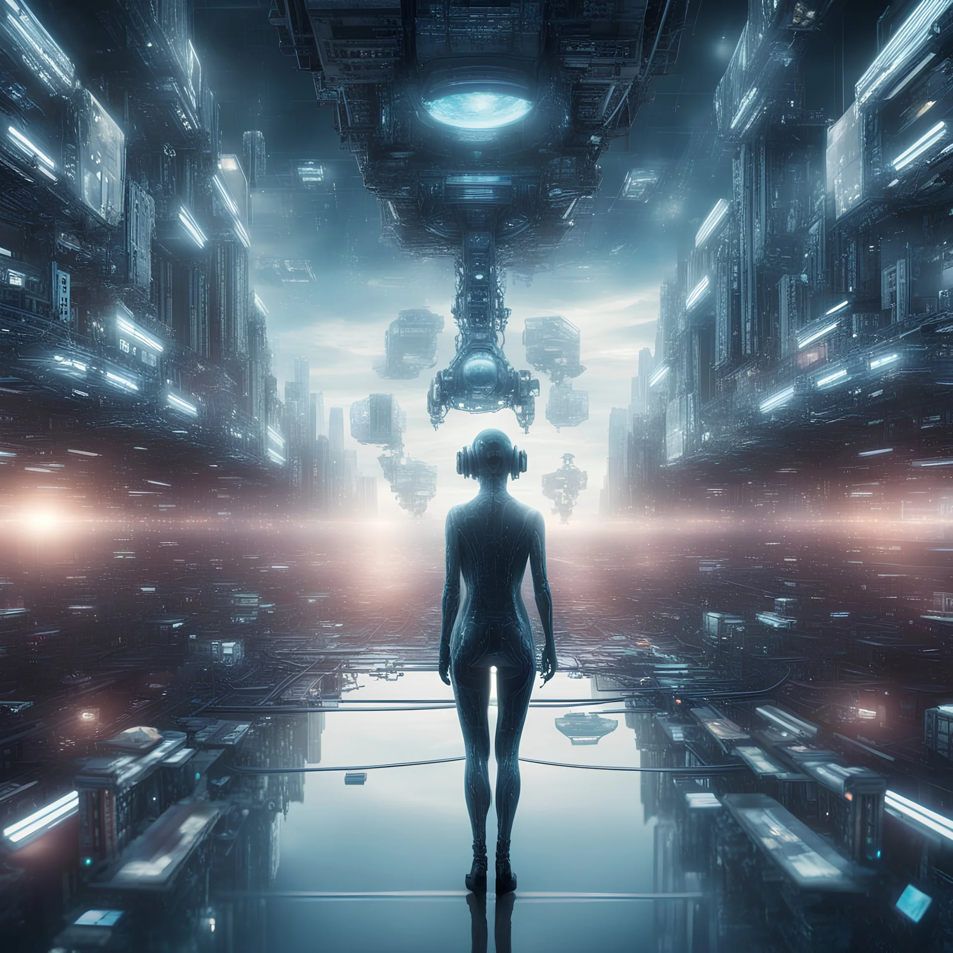 artificial intelligence，panorama, high technology，high quality，dream, installation creator，imaginary fantasy ，future sci - fiaesthetic，movie shot --ar 4:3