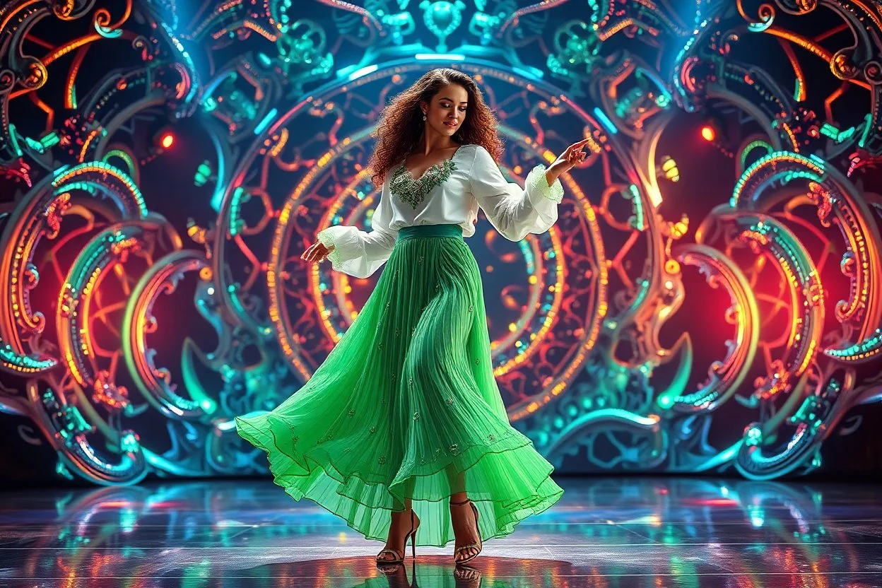 a very beautiful lady with makeup and curvy hair, wearing a pretty green jewelled long skirt with blouse and high heels, dancing over a modern stage with luxury metalic fractal recursive structures and dynamic color lights.3by 2
