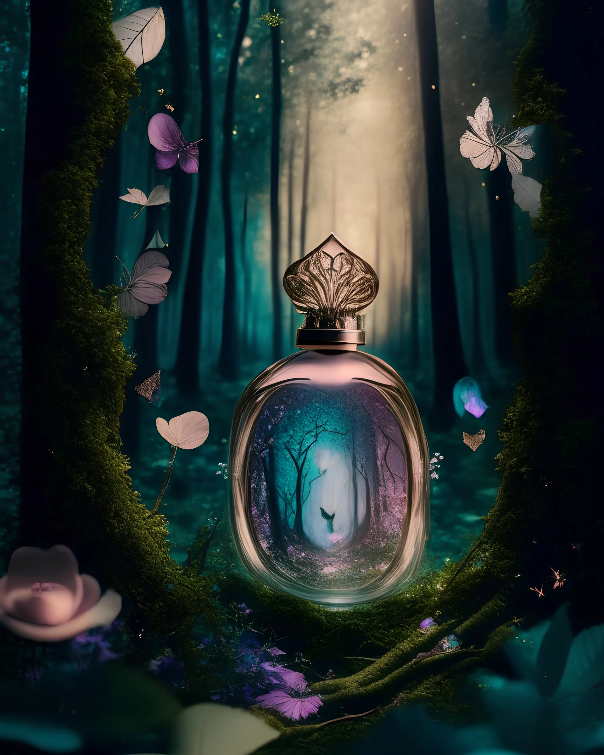 generate me an aesthetic photo of perfume for Perfume Bottles in a Fairytale Forest